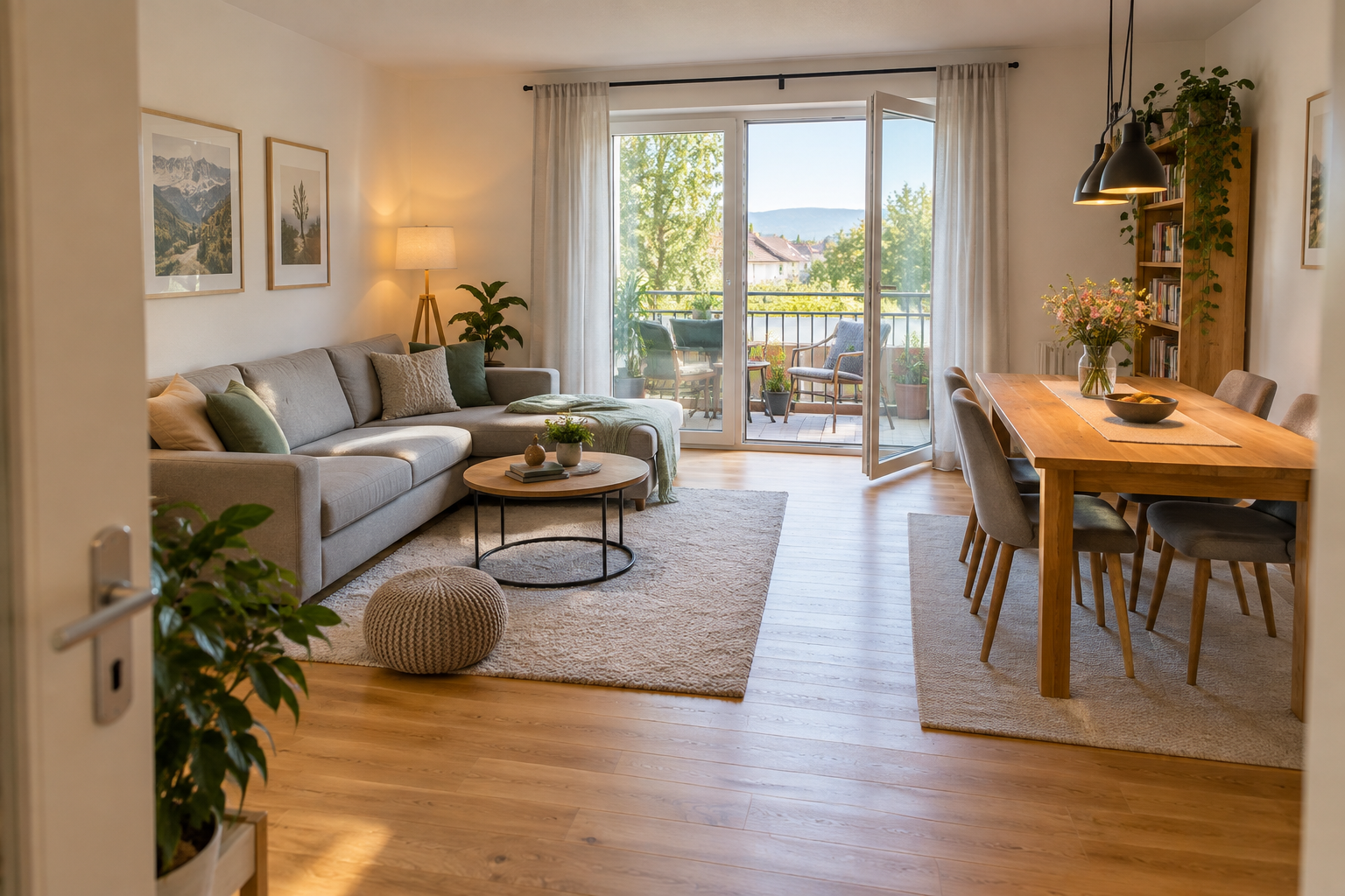 Heller Wohn- und Essbereich mit sichtbarer Balkontür und möbliertem Balkon